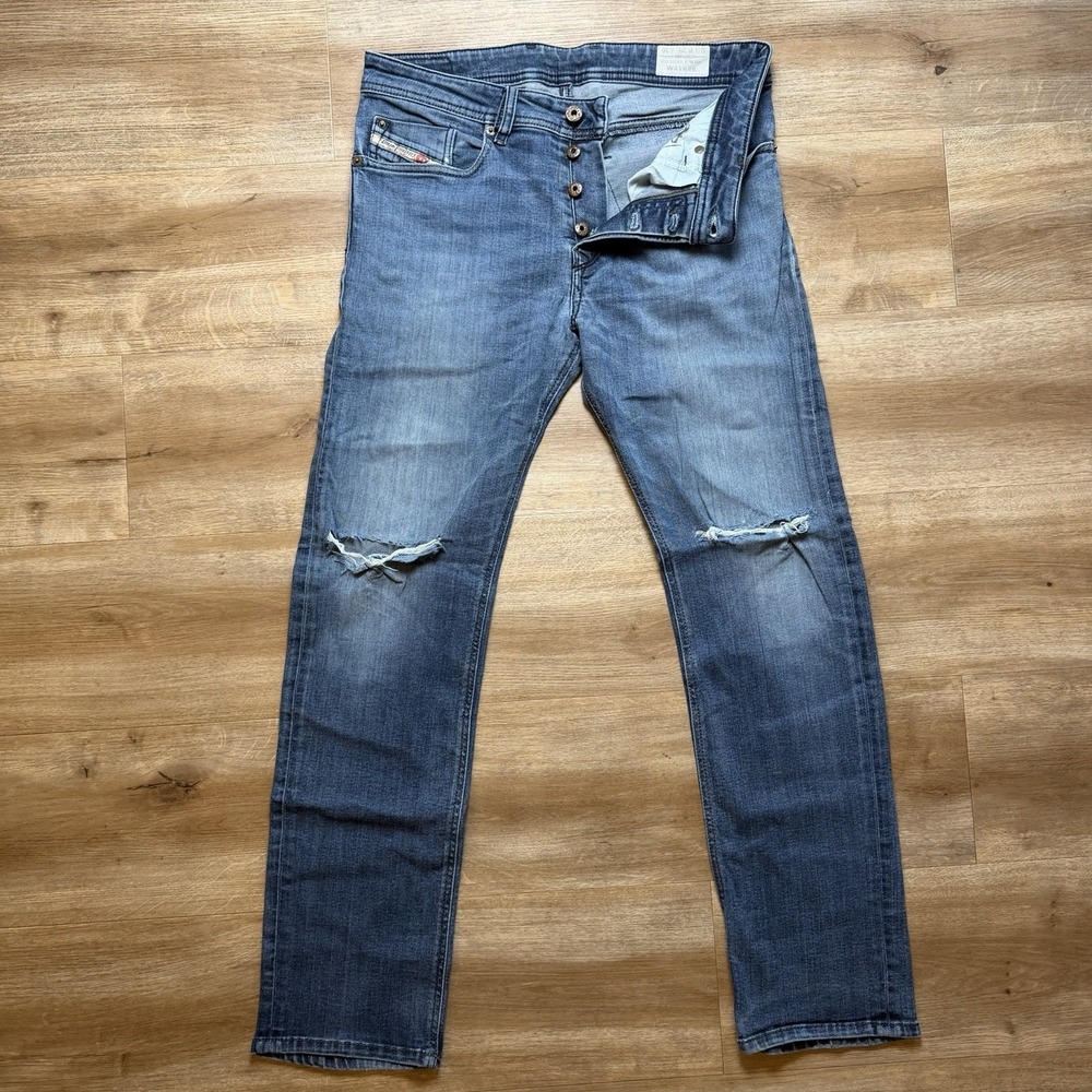 Diesel Jeans Men 29x30 Blue Waykee‎ Straight Leg Stretch Destroyed Denim 0814W